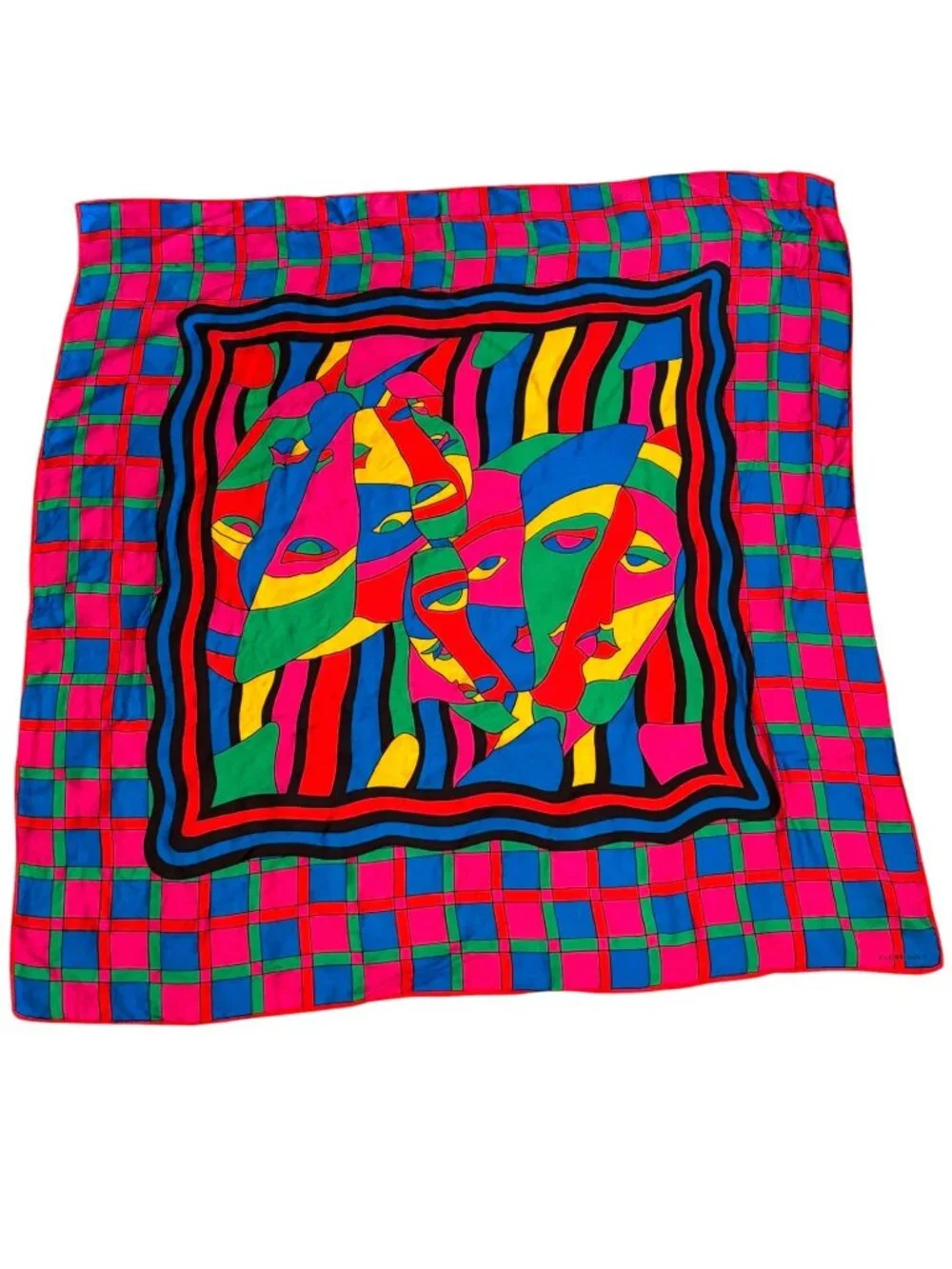 Elaine Gold Vintage Multicolor Abstract Face Silk Scarf 30